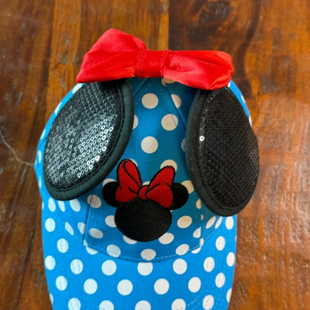 Disney Minnie Mouse Polka Dot Snapback Hat Blue Sequin Ears Red Bow Baseball Cap